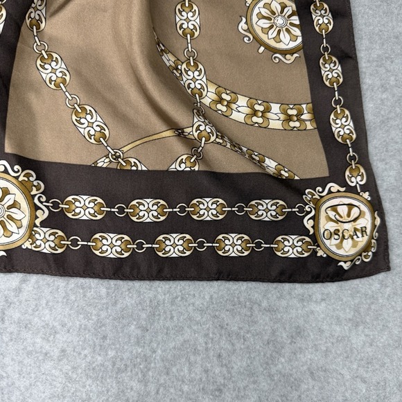 Oscar De La Renta Brown Silk Rectangle Scarf One Size Chain Print Old Money - Picture 3 of 14